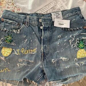 Blue and Yellow Distressed Jean Shorts